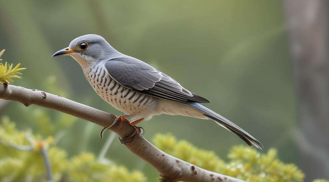An AI generated image of a cuckoo sitting on a branch against a blurred green background. The cuckoo is facing  left of the image. It has a grey head and darker grey wings, with a paler creamy-white belly and throat. Its abdomen is barred with black stripes. It has a sharp, fairly long black beak. Its tail is long and dark grey/ black.