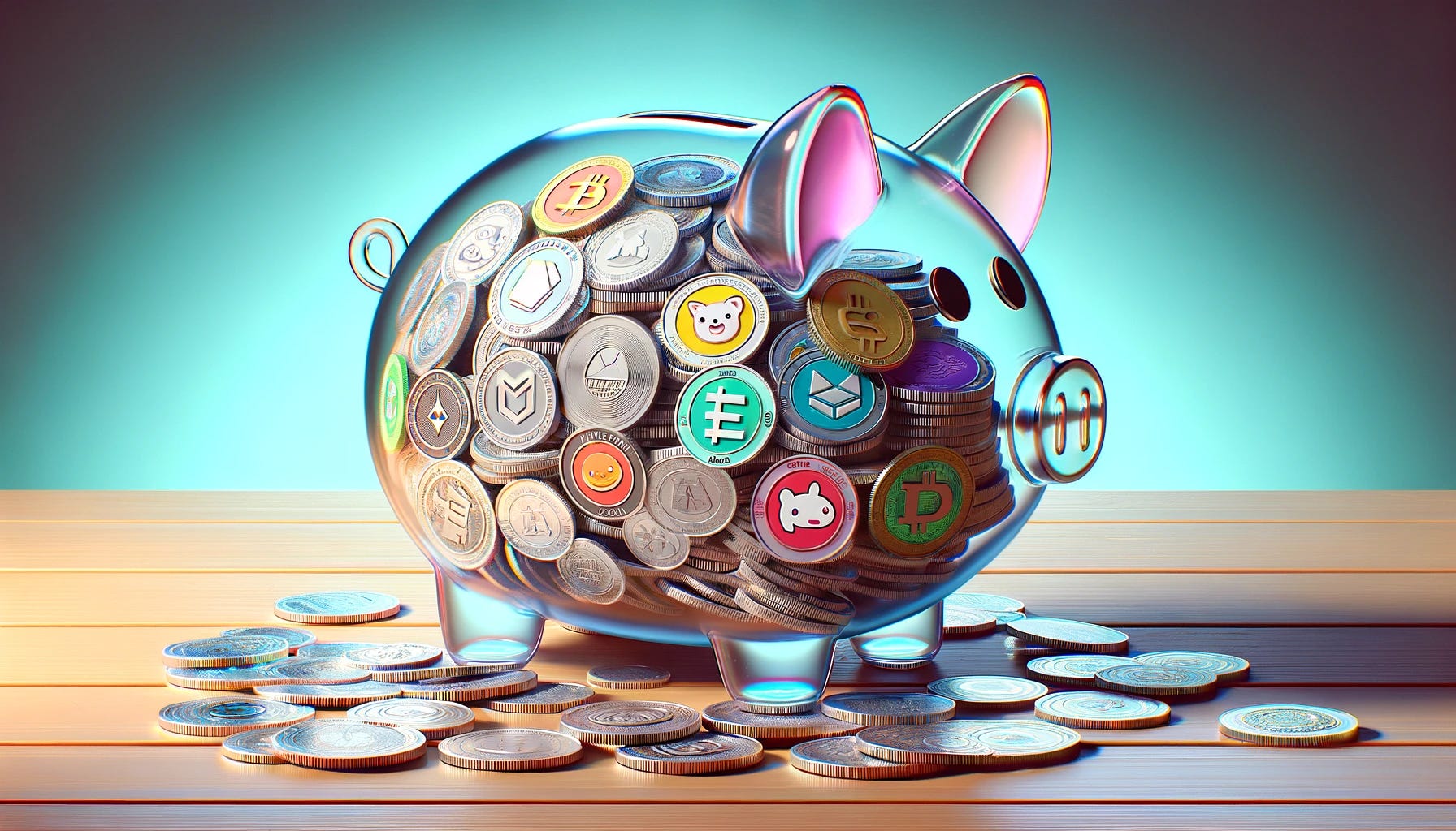Create a landscape-oriented image depicting a transparent piggy bank filled with a variety of different memecoin tokens. The tokens should represent popular memecoins, each designed with distinctive logos and colors that make them easily recognizable. The piggy bank is made of clear, durable material, allowing a full view of the colorful and varied tokens inside. This image symbolizes the concept of investing in memecoins, showcasing the diversity and playful nature of these digital currencies. The background should be simple and unobtrusive, focusing the viewer's attention on the piggy bank and the tokens within. The overall composition should convey the idea of saving or collecting memecoins in a whimsical and visually appealing manner, blending the worlds of traditional saving with modern cryptocurrency investments.
