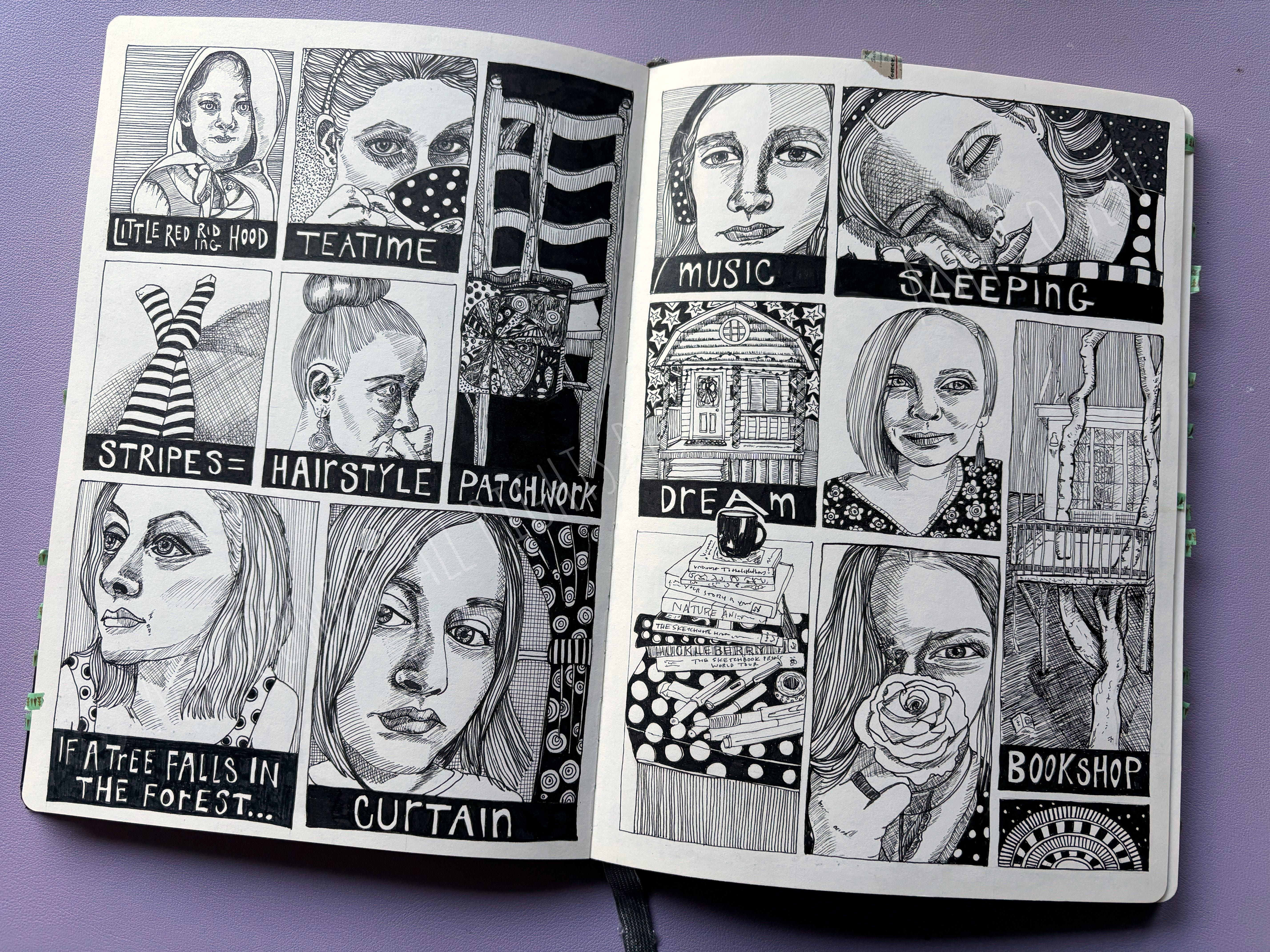 Pages in an illustrated journal that demonstrate a grid layout