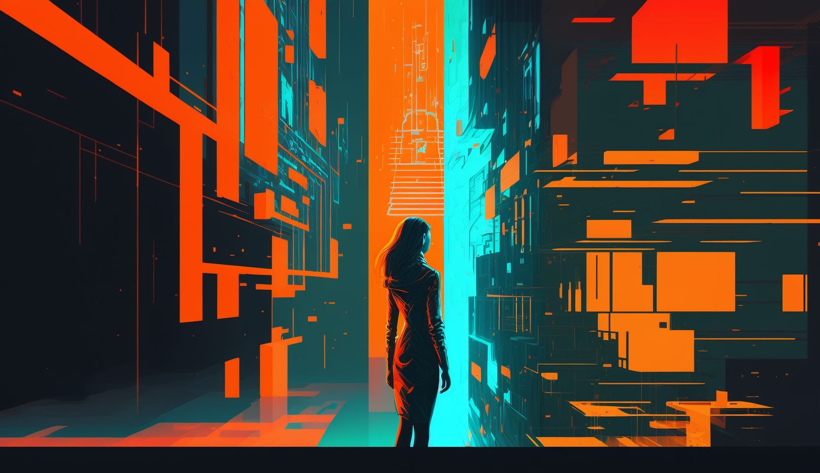 Midjourney prompt: three dimensional puzzle pieces in a cyberspace environment