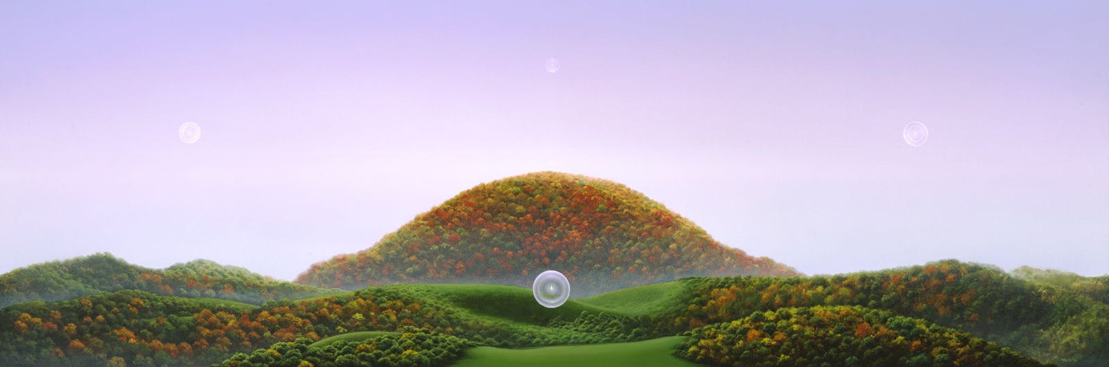 Against a lavender sky, a rolling pastoral landscape leads to a rounded hilltop covered in autumnal treetops mixing shades of yellow, orange, red, and green. A transparent sphere containing a solitary flame hovers in the immediate foreground while three more are evenly spaced in the sky.