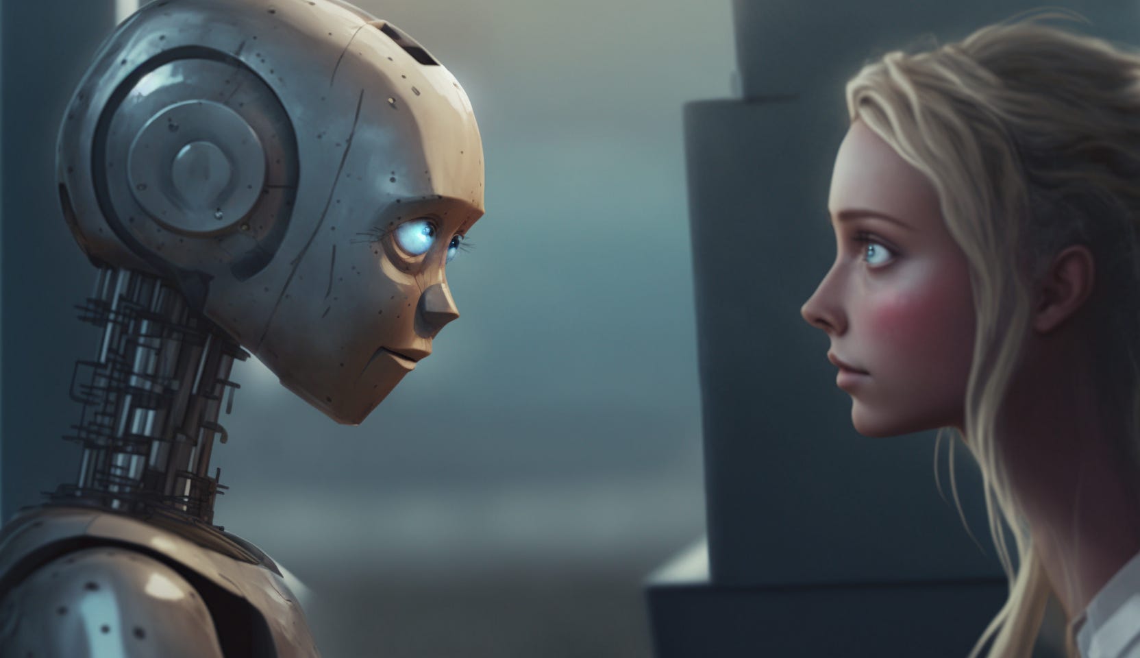 Midjourney prompt: A woman with beautiful blonde hair being told lies to by a robot