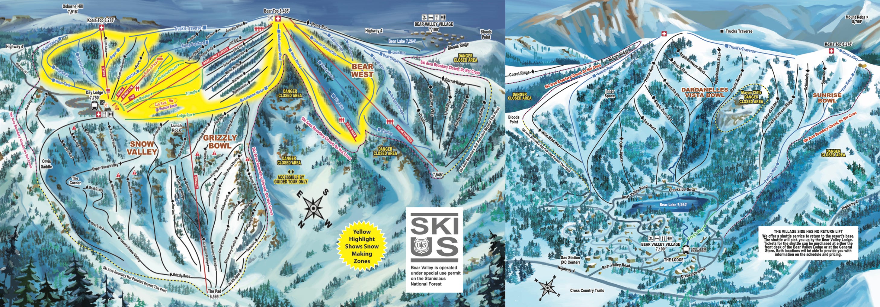Bear Valley skis on two distinct sides, but the village side (right), lacks chairlifts.