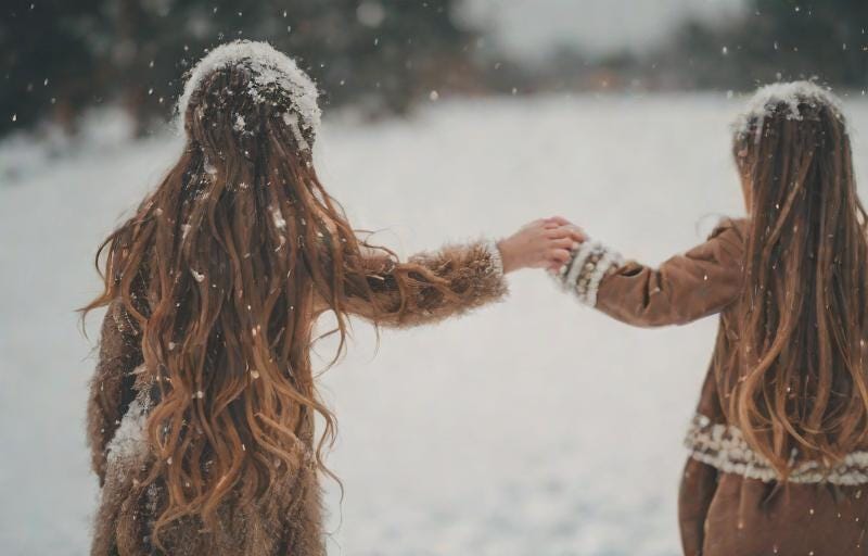 image: two little girls holding hands long brown hair ice snow blurry