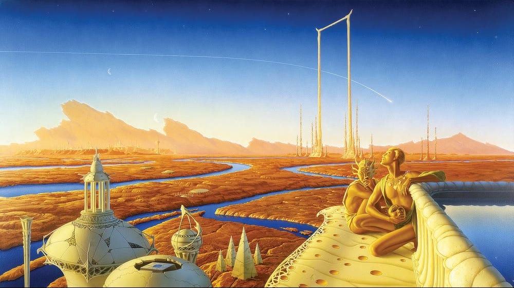 A comet streaks across the Martian sky over a distant city and descending past a massive rectangular horned arch. Mountains run along the horizon like irregular plates jutting from its spine. The familiar red-orange of Martian regolith is broken by deep blue canals that wind through the landscape. In the immediate foreground, a trio of domed towers, each unique, dwarf tall slender pyramids clustered just beyond. Set above all that to the foreground right, a raised pool reflects the sky in a gray-blue gradient. A pair of bronze skinned humans sit next to it on an ivory overhang dotted with amber beads. The surface is elegantly patterned ending in a lace-like edging. One man holds an ornate mask over his face, casting a distinctly alien gaze at the viewer. In contrast, his companion cups his mask in his hand, exposing slightly elongated features in profile, as he gazes up at the contrail that crosses the sky.