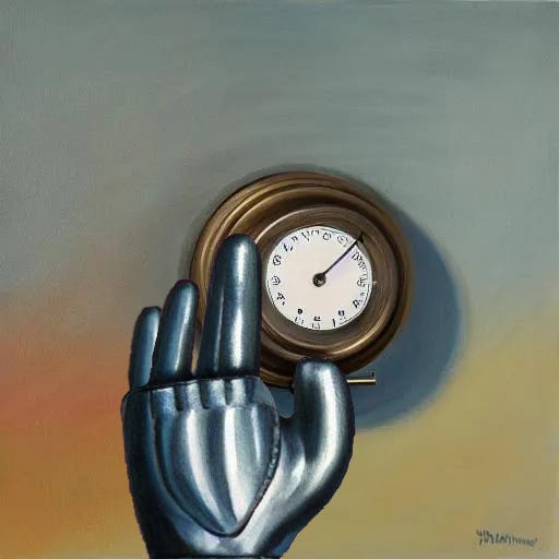 AI generated image of an oil painting of a robot hand reaching toward a thermostat.
