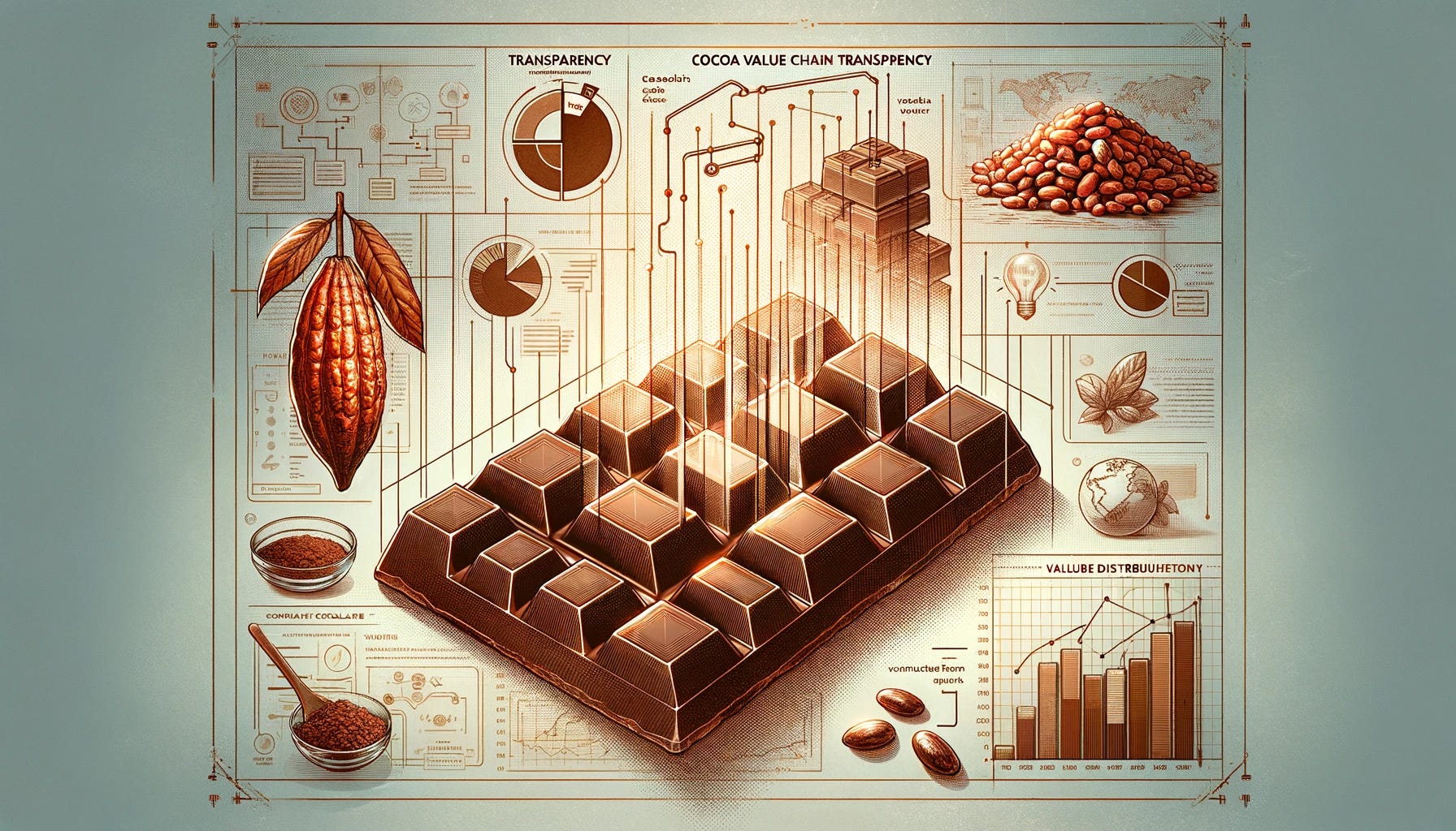 Create a sophisticated and visually compelling banner image for a blog post on cocoa value chain transparency. The image should feature elements that represent transparency and the cocoa-chocolate industry, such as a semi-transparent chocolate bar revealing cocoa beans inside, and a flowchart or graph symbolizing the value distribution from farmer to consumer. The overall design should convey a sense of depth and the need for a deeper look into the industry practices.