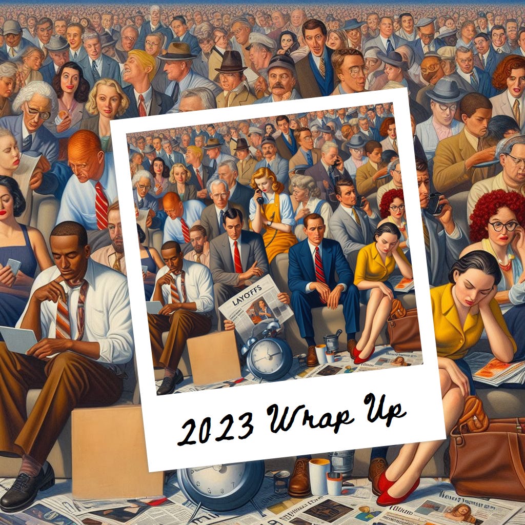 A Norman Rockwell style painting of AI, layoffs, and working from home in a surreal fashion. It's a large crowd of business people.