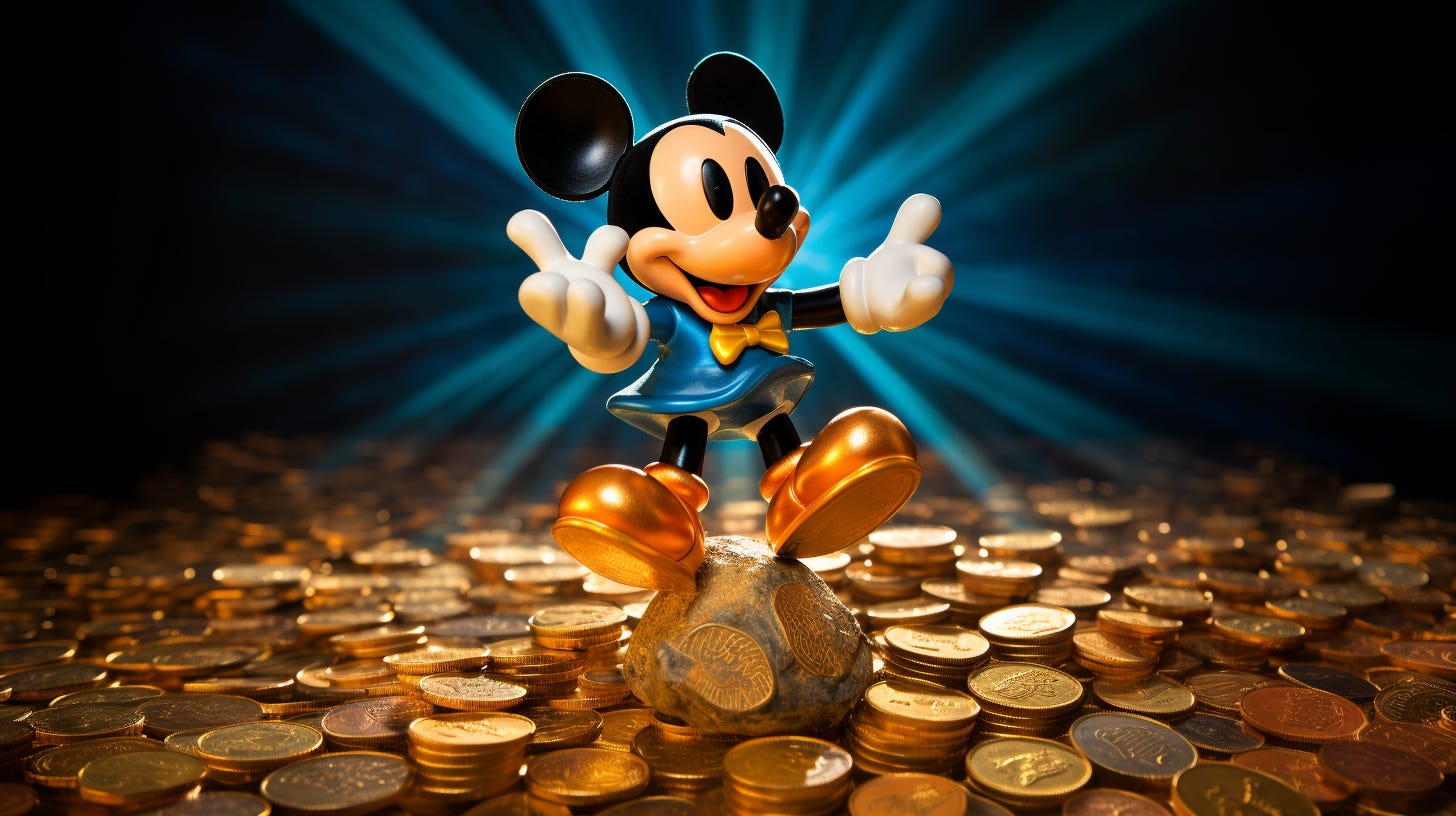 Midjourney prompt: Wide angle photgraph, Steamboat Willie on a pile of gold, tossing gold coins in the air, colors of Burnt Orange and Air Superiority Blue —ar 16:9