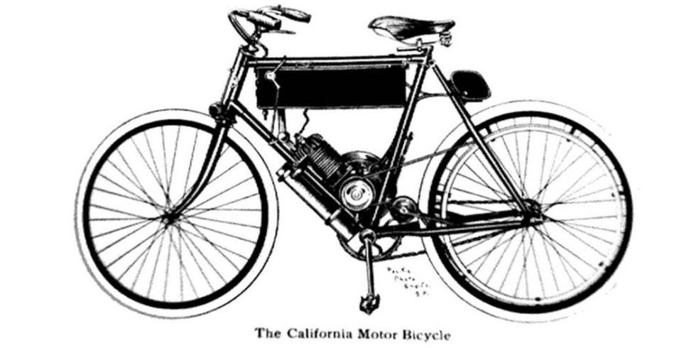 Illustration of the California Motor Bicycle. It resembles a bicycle from the era upon which a motor has been nestled between the seat and down tubes and a fuel tank hung from the top tube. The motor bicycle retains the pedals, gears, and chain on the right side while a belt runs from the motor crankshaft (just above the axis of the pedal cranks) to the rear wheel, where it attaches to an oversized hoop nearly the same diameter of the wheel itself.