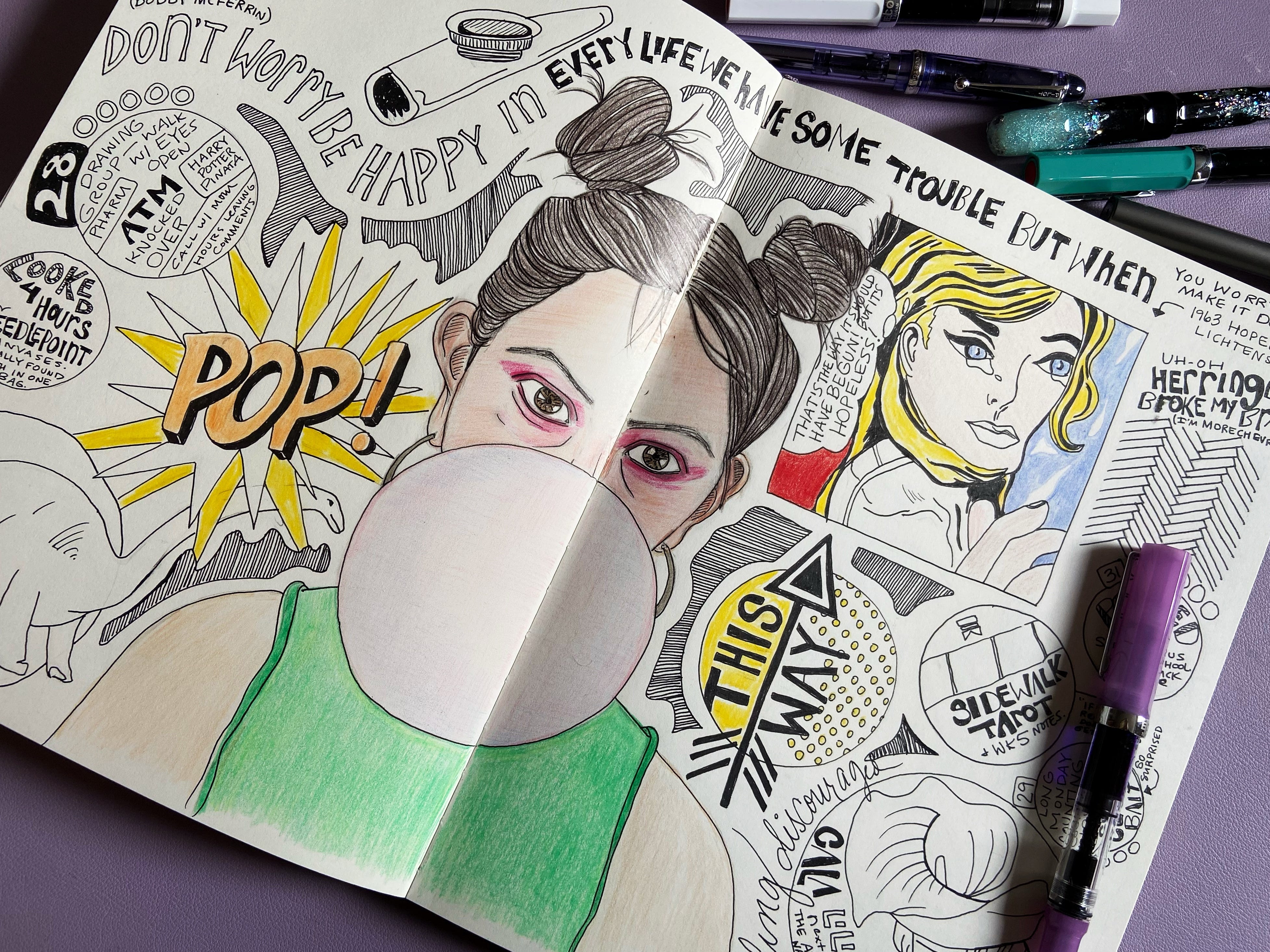 Week 5 illustrated journal spread with portrait of woman with bubble gum