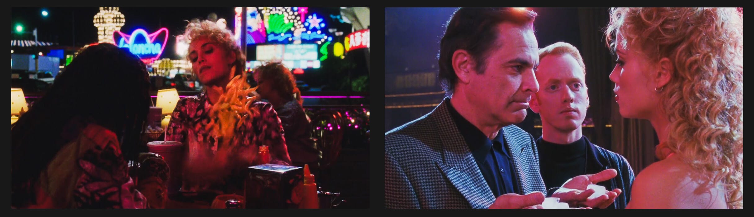 Side-by-side scenes from Showgirls: Left, Nomi Malone flings French fries in a dramatic diner confrontation under neon lights. Right, sleazy producer Tony Moss scrutinizes Nomi during a dehumanizing audition offering her ice cubes while the choreographer looks on. Side-by-side scenes from Showgirls: Left, Nomi Malone flings French fries in a dramatic diner confrontation under neon lights. Right, sleazy producer Tony Moss scrutinizes Nomi during a dehumanizing audition offering her ice cubes while the choreographer looks on.