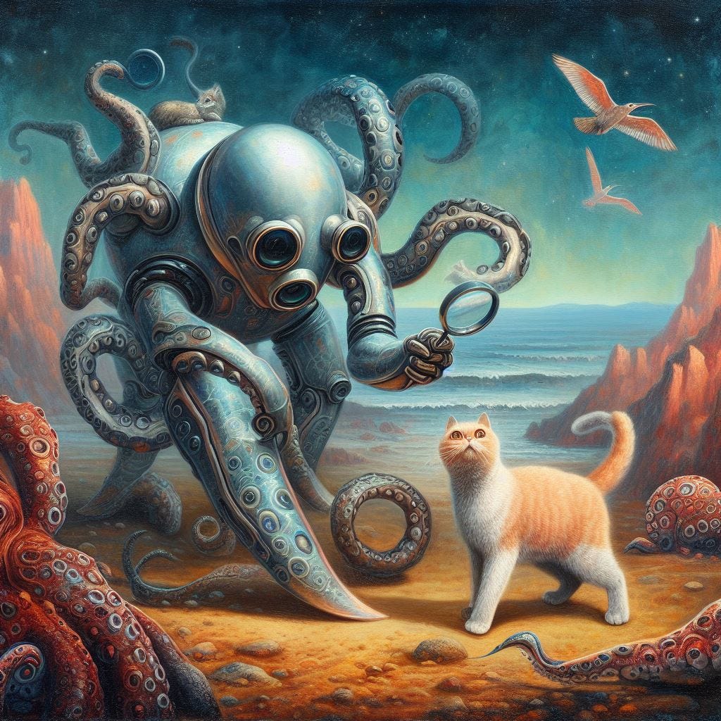 An ai-generated image of a robot with tentacles searching with a magnifying glass. Around the robot creature are animals like birds and cats. The style is: surrealist painting 