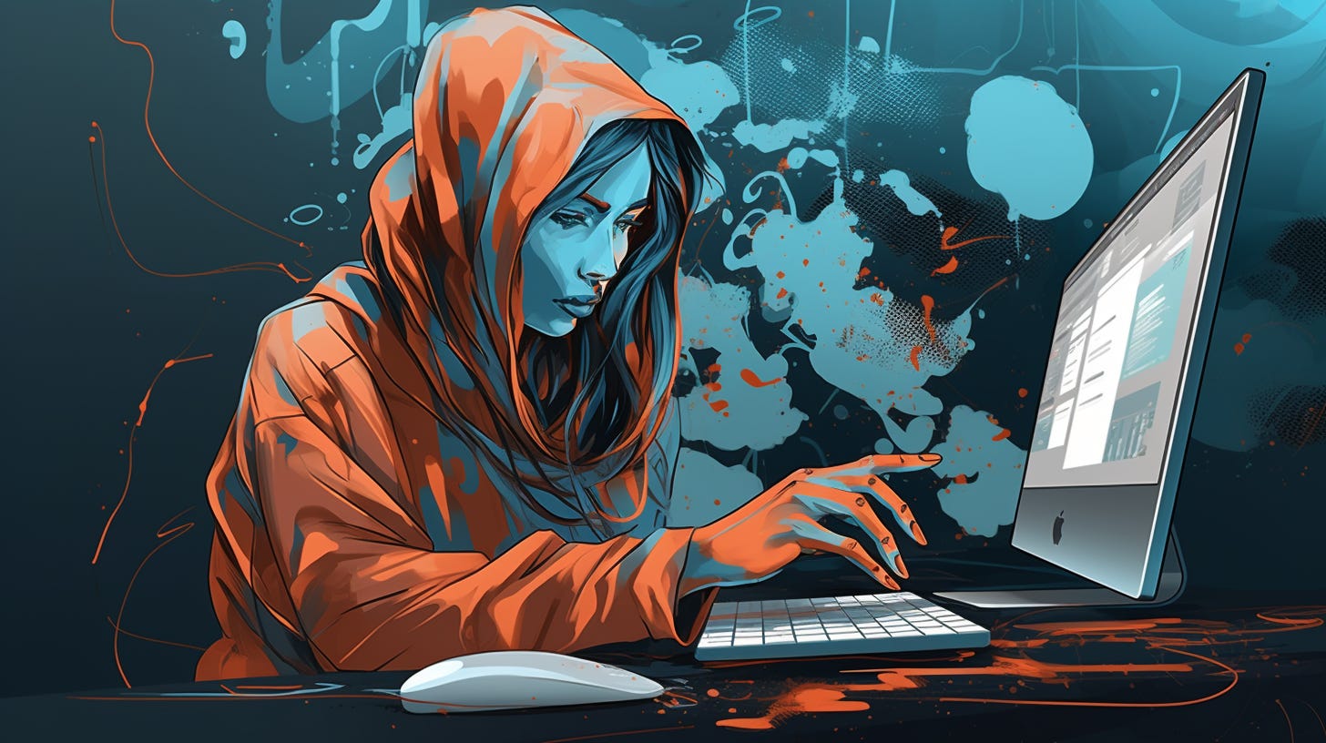 Midjourney prompt: An artist, burnt orange, designing a website, powder blue highlights, cybercore