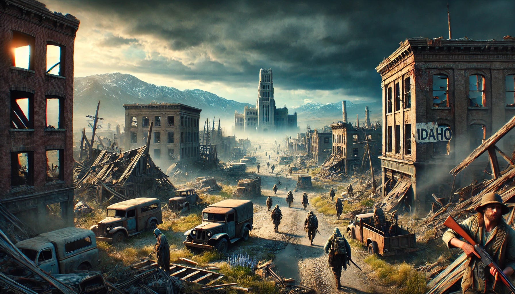 A dystopian landscape of Idaho, transformed into a wasteland by roaming marauders. The scene shows a deserted, dilapidated city with crumbling buildings and abandoned vehicles. The sky is dark and stormy, adding to the gloomy atmosphere. In the distance, a group of marauders can be seen moving through the ruins, wearing ragged clothes and carrying makeshift weapons. The setting conveys a sense of desolation and chaos typical of a post-apocalyptic world.