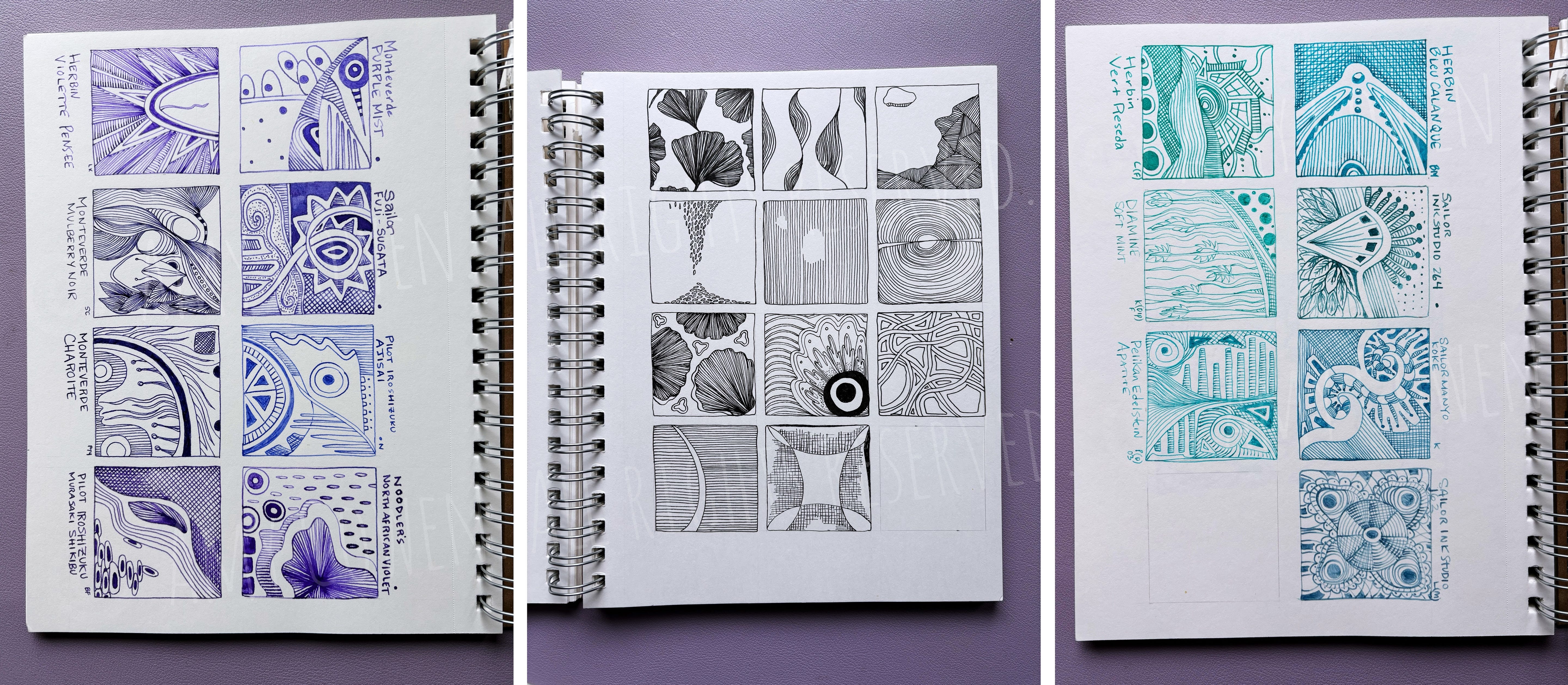 Pages in an illustrated journal that demonstrate a grid layout