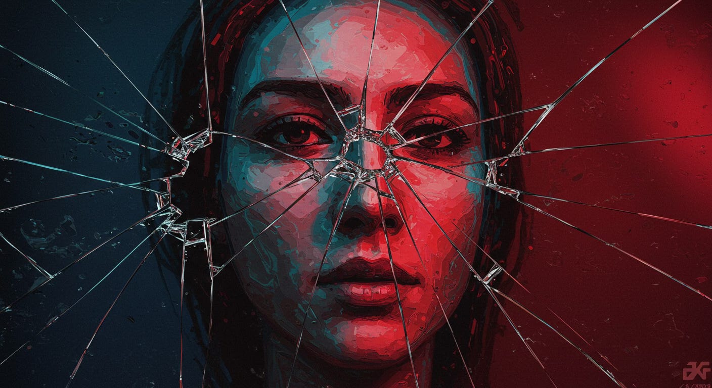 An illustration and close up shot of a woman, behind a glass facade beginning to break and showing large cracks.