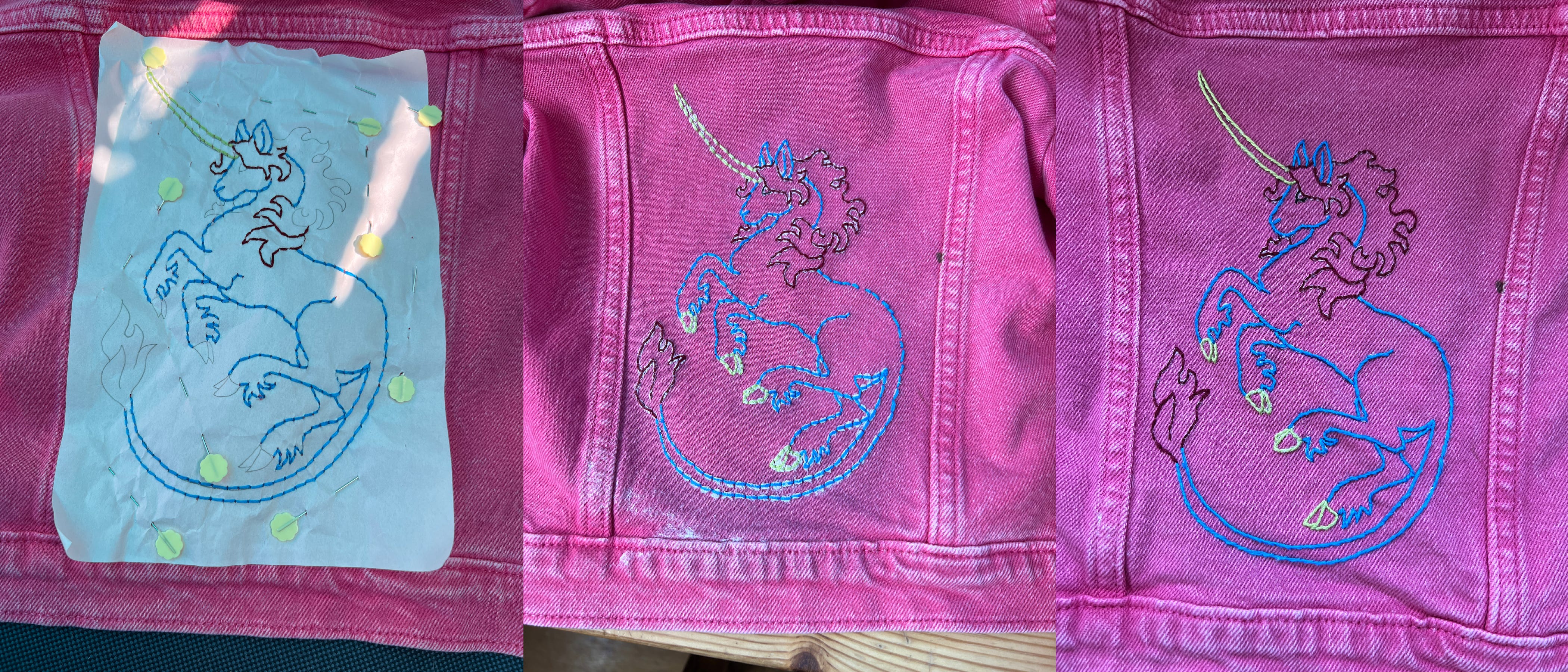 Three progress photos of a uunicorn embroidered on a pink denim jacket. The first image on the left is of the template for the image drawn on white paper pinned to the jacket. The unicorn is partially embroidered, the body outlined in bright blue floss, the mane partially complete in a raspberry floss, and the horn done in a vibrant green floss. The middle photograph shows the piece after the dissolvable paper template has been washed away and the backstitching is all complete. The hooves are now also green and the mane and tail are the same raspberry colour. The final image on the right is the completed piece once the body, hooves and horn were whipstitched. 