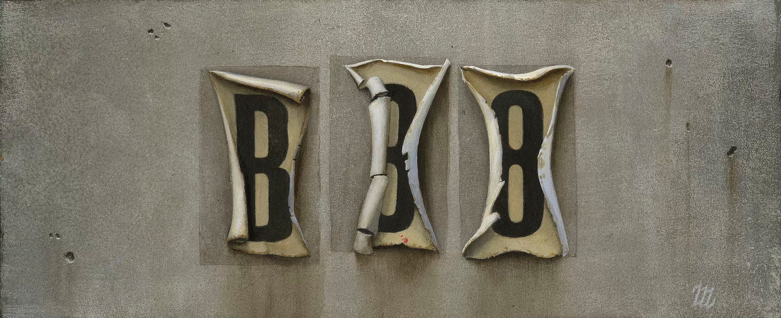 Three labels curl and peel from a concrete background leaving rectangular traces of adhesive. The first is clearly a letter B and the last is clearly the number 8, but the middle is obscures as the label curls to obscure the left of the symbol leaving it in an undetermined state of both B and 8.