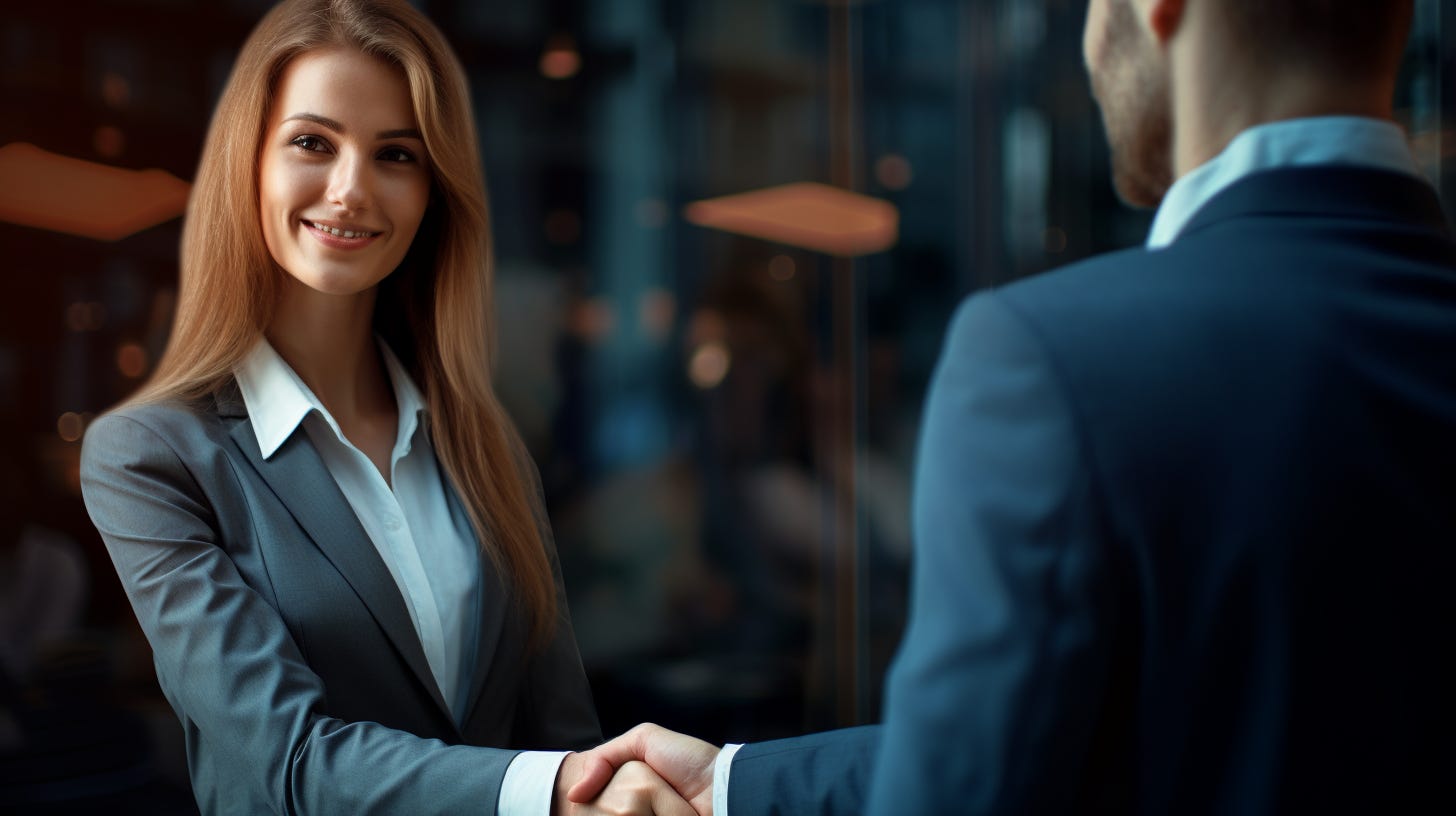 Midjourney prompt: a business woman giving a handshake, in the style of tenebrism mastery, photo-realistic hyperbole, colors of burnt orange and air superiority blue --no airplanes --ar 16:9