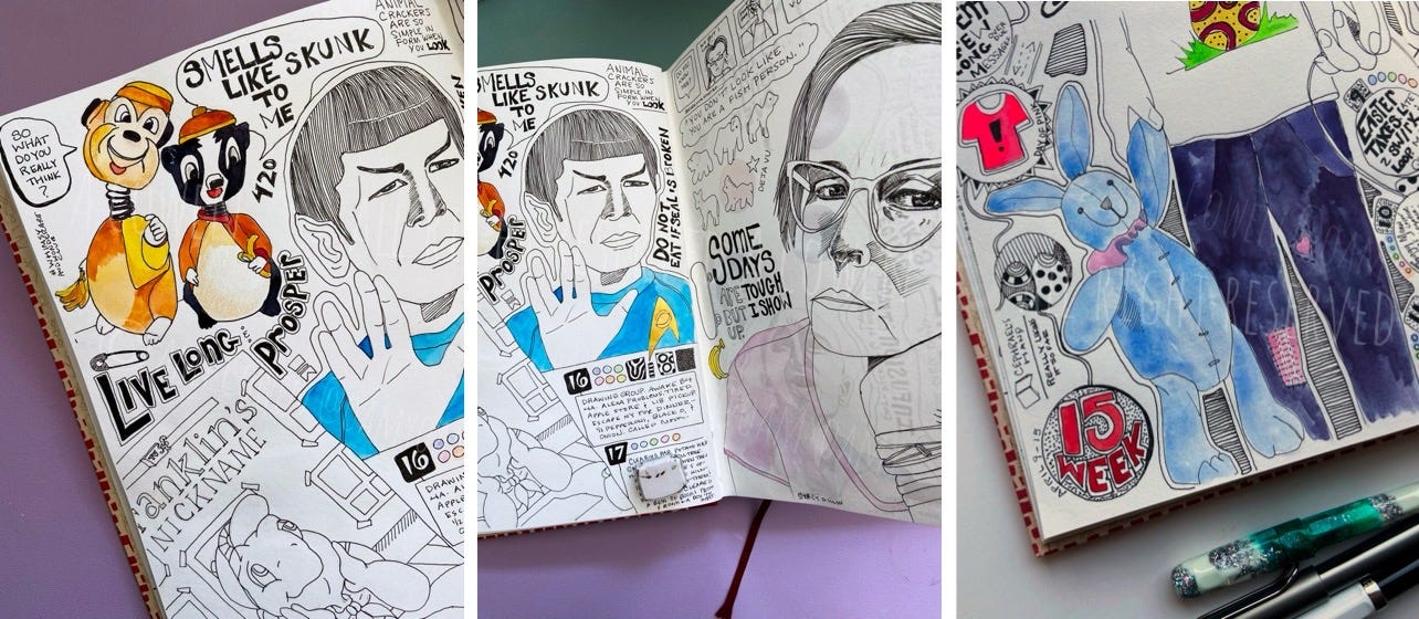 Illustrated journal pages from Illustrate Your Week 2023. Spock portrait and child holding bunny
