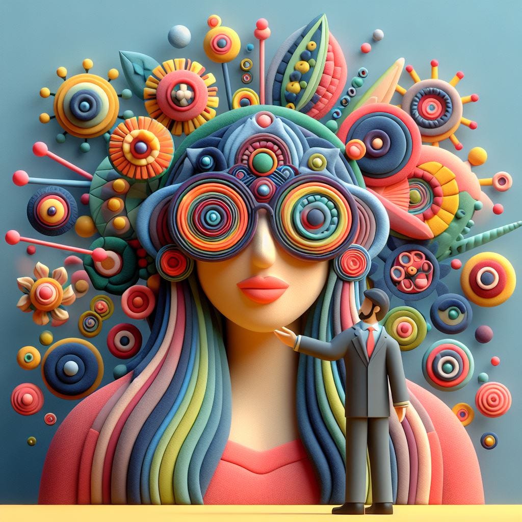 abstract surrealism minimal felt cloth sewn art, 3d animated, colorful, octane render abstract, a happy nice goddess giving a diverse person eye glasses.