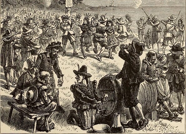 English and Indians dancing at Maypole, drinking from kegs