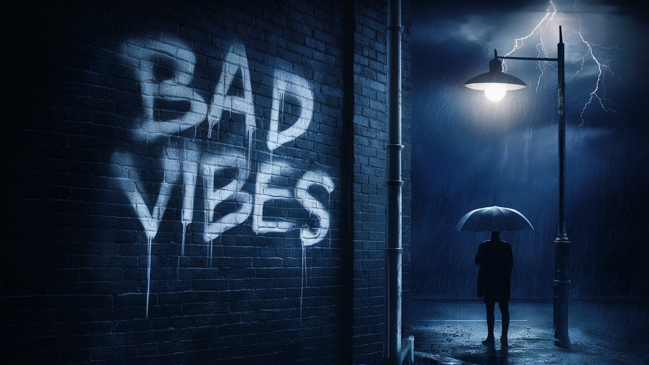 A powerful, eerie image of a dark, stormy night with thunder and lightning, casting dramatic shadows on the street. The "BAD VIBES" graffiti  is boldly spray-painted on a brick wall. A silhouette of a lonely figure stands under a flickering streetlight, holding an umbrella, as if shielding themselves from the impending doom. The atmosphere is tense and unsettling, with a feeling of foreboding in the air.