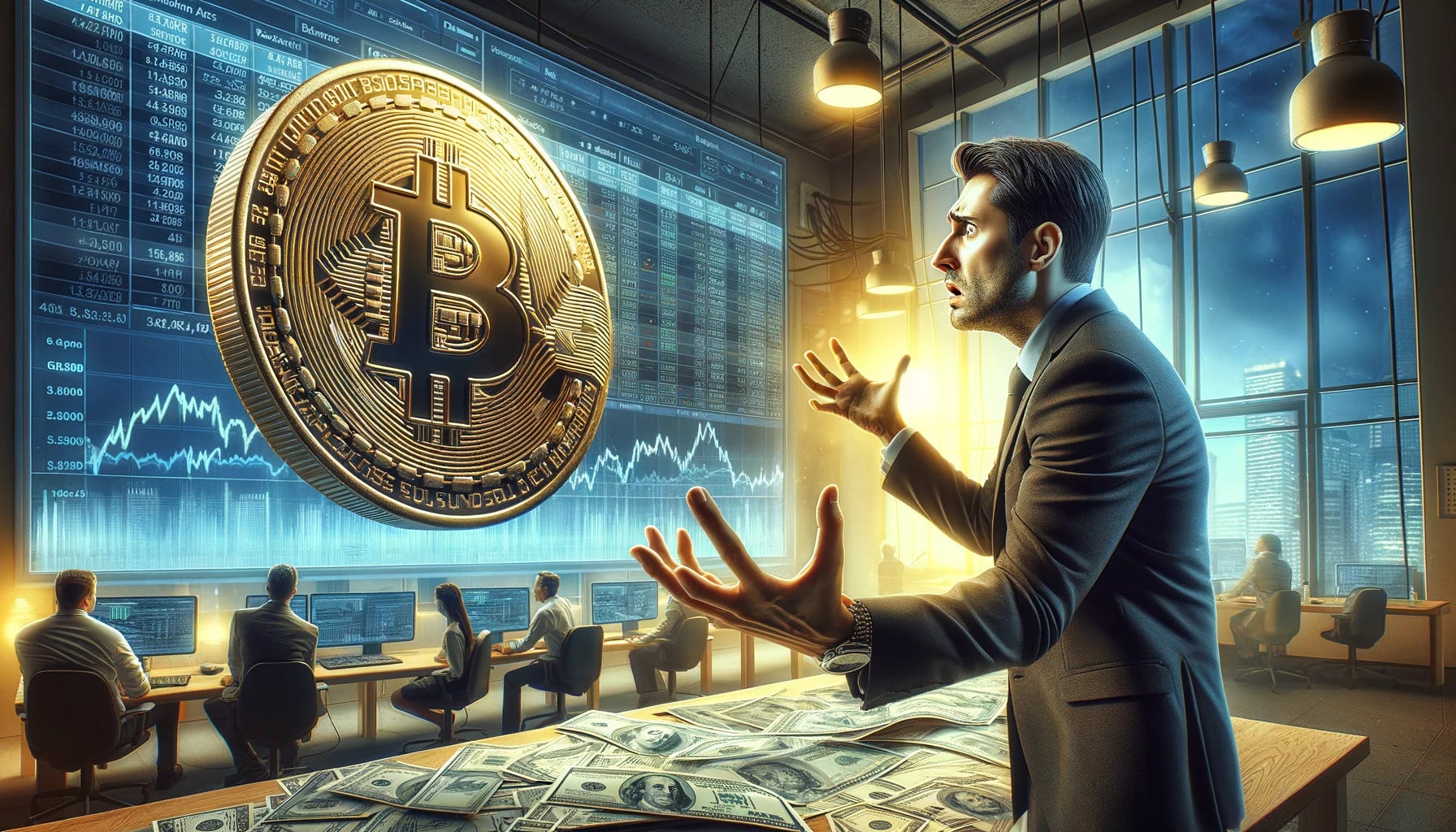 Create a landscape-oriented image depicting an investor looking very worried at a large Bitcoin token. The investor's expression and body language should clearly convey a sense of concern and anxiety. The large Bitcoin token stands prominently in the scene, symbolizing the volatile nature of cryptocurrency investments. The setting could be a modern office or a financial trading floor, filled with screens displaying market data and graphs showing dramatic fluctuations. The atmosphere is tense, highlighting the uncertainties and high stakes involved in the world of digital currency trading. The overall composition should capture the dramatic moment of an investor grappling with the unpredictable movements of the Bitcoin market.
