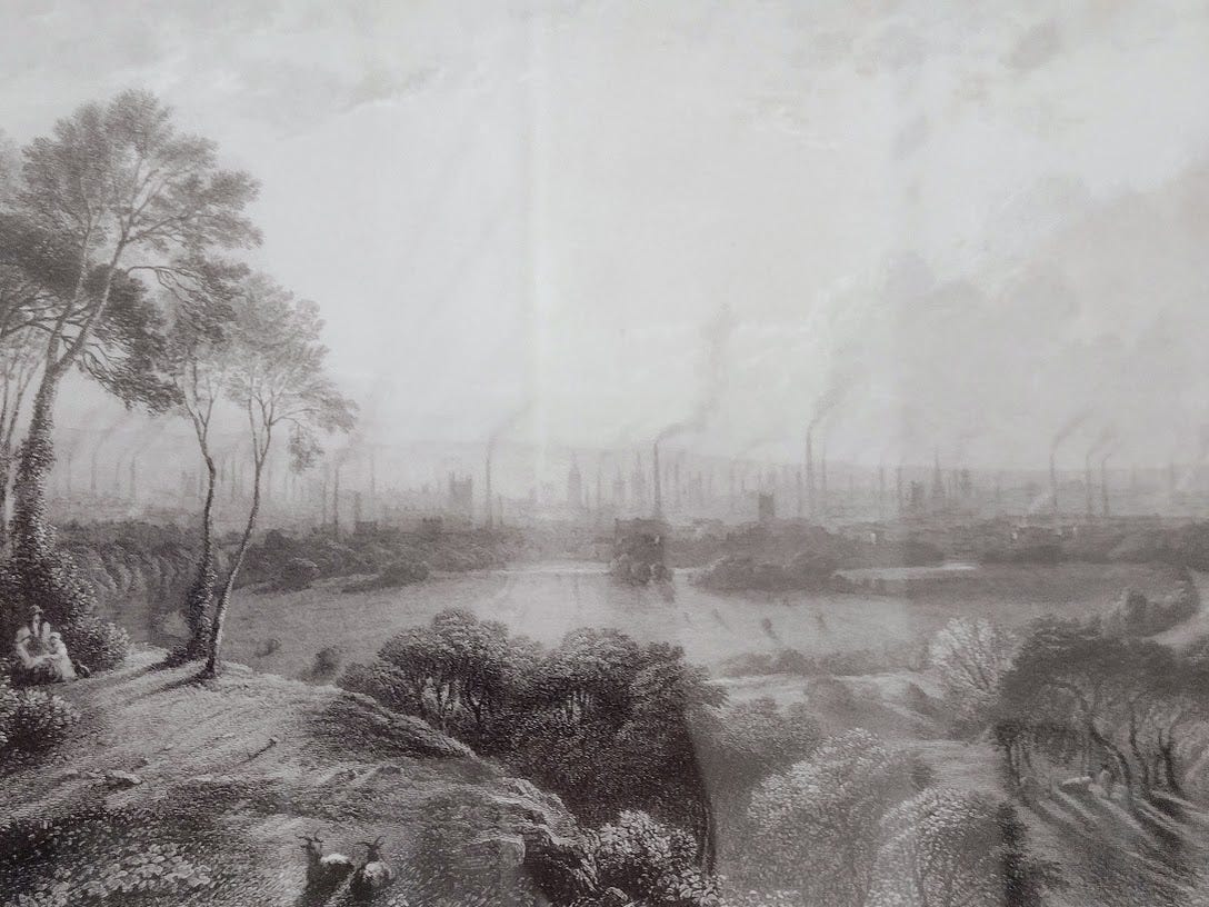 Painting showing early Manchester viewed from the countryside, with sheep, looking to dozens of factory chimneys under a smog cloud