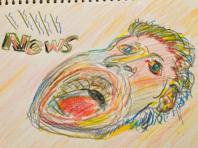 A pencil crayon sketch of a human with a gaping mouth about to be filled with the word 'news' 