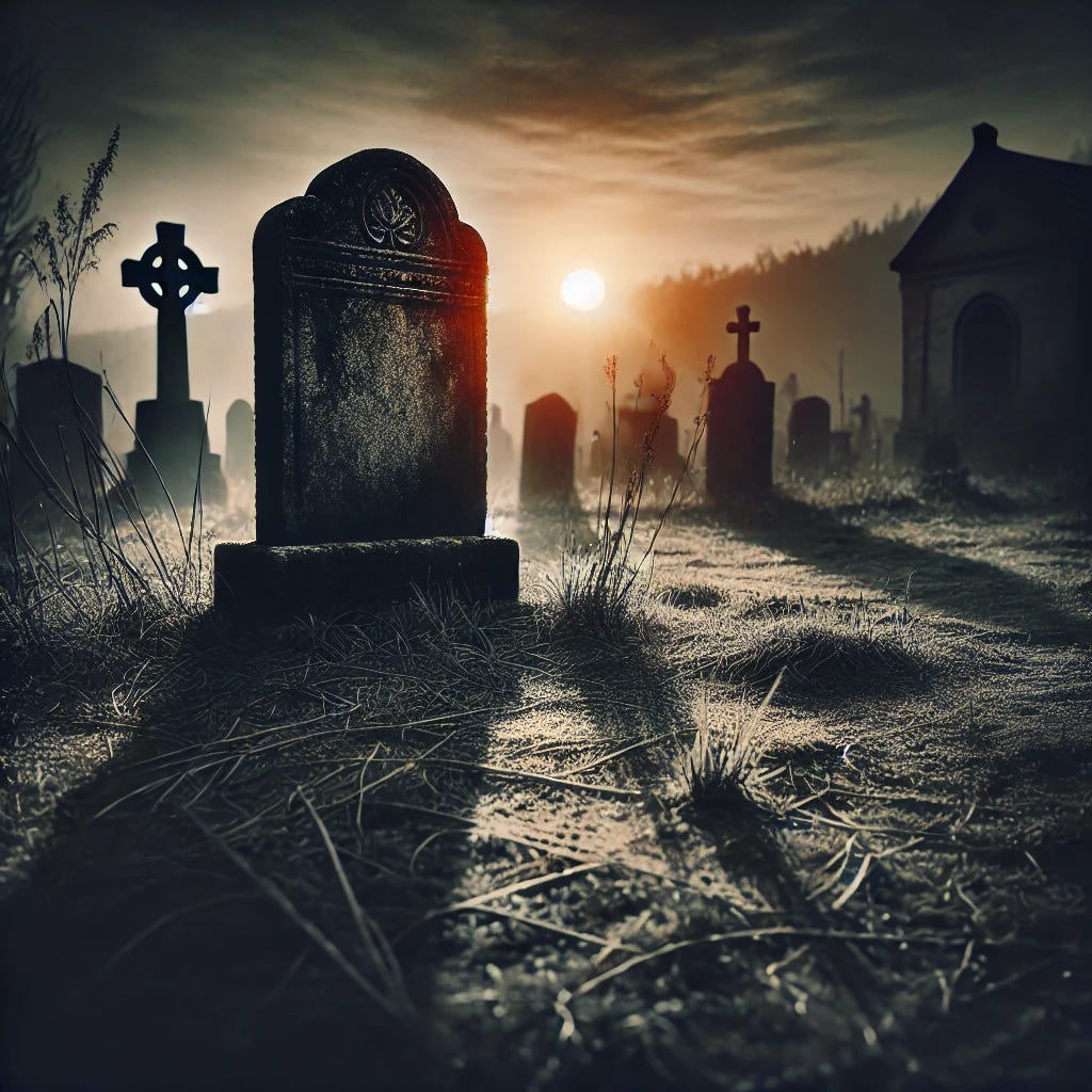 A dark, moody scene depicting an old, abandoned graveyard at dusk. A single, weathered tombstone stands in the foreground, with overgrown grass and cracked stone. In the background, a hazy sunset casts long shadows, evoking a sense of passing time and forgotten legacies. The atmosphere is eerie yet contemplative, urging the viewer to reflect on mortality and the impact they leave behind.