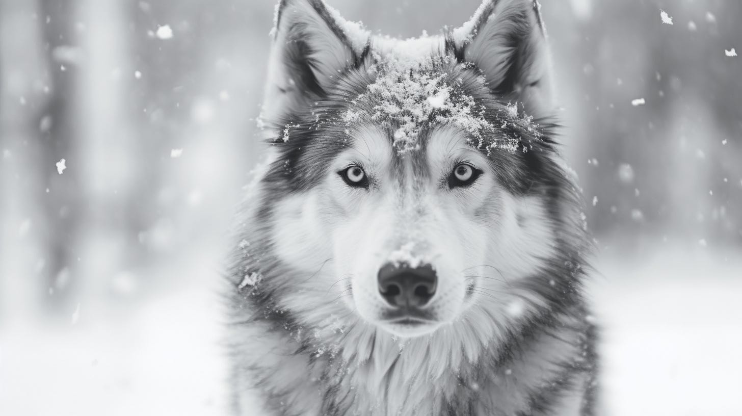 Alaskan Husky with snow flakes