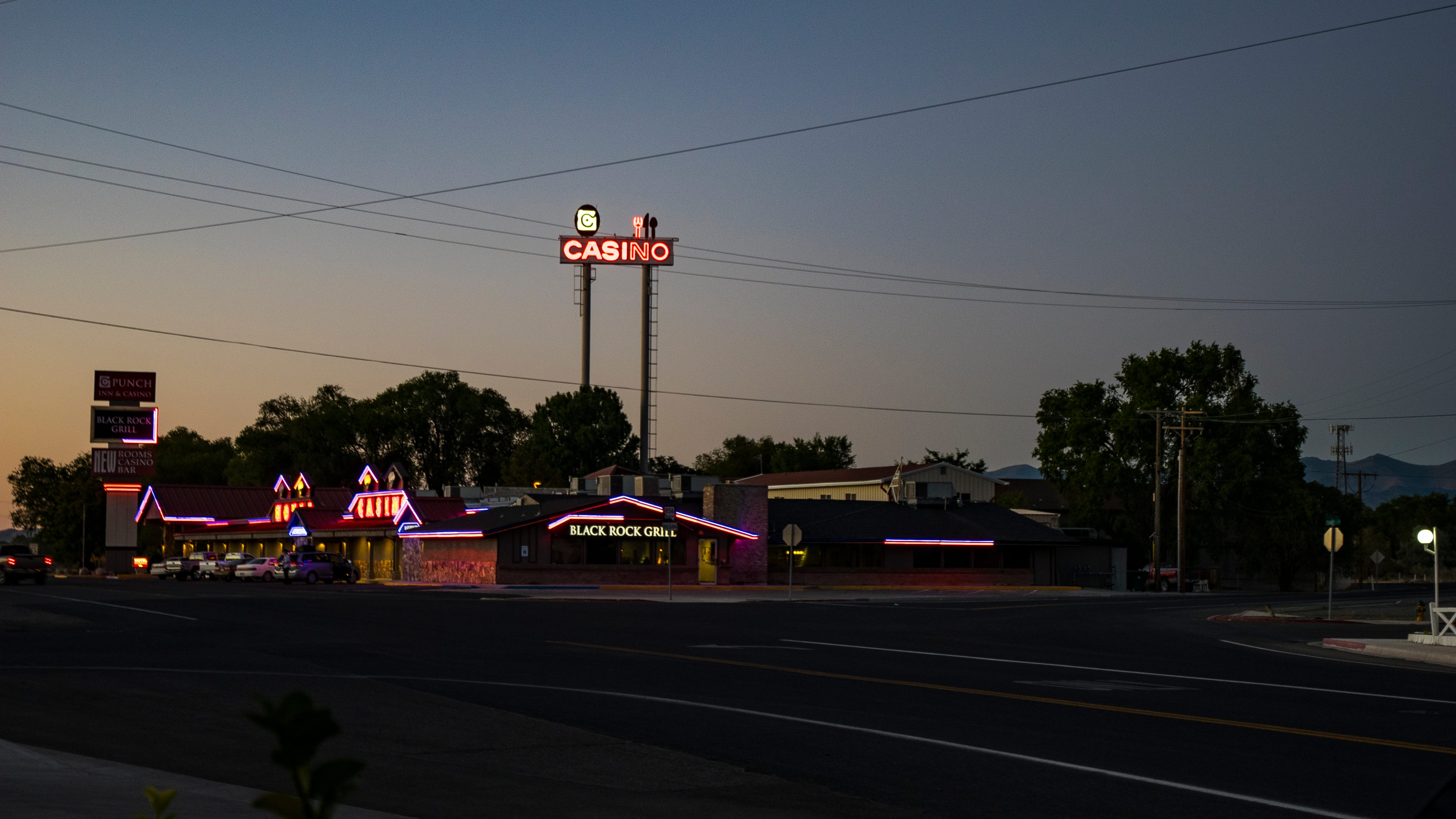 Photo taken at dusk of a series of low slung building across the street. Electric lines criss cross the dark street. The building would be difficult to see in front of the stand of tall trees were it not for the pink and purple neon lights that outline the roofline and other architectural features of the buildings. Behind, on two massive poles, is a large neon sign, "CASINO"
