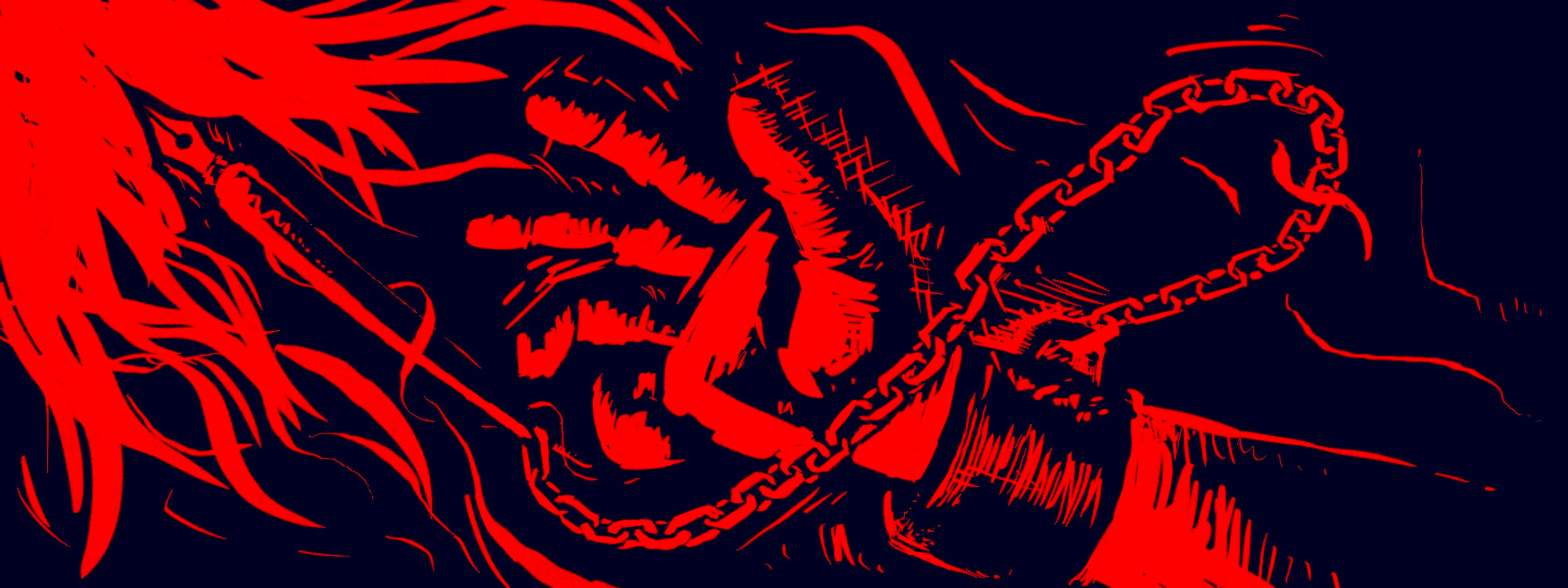 Illustration of a hand reaching for a pen that it is also shackled to with a long chain. The pen is drawing the hand toward a bright set of abstract tendrils. Red and black colours in a high-contrast style.