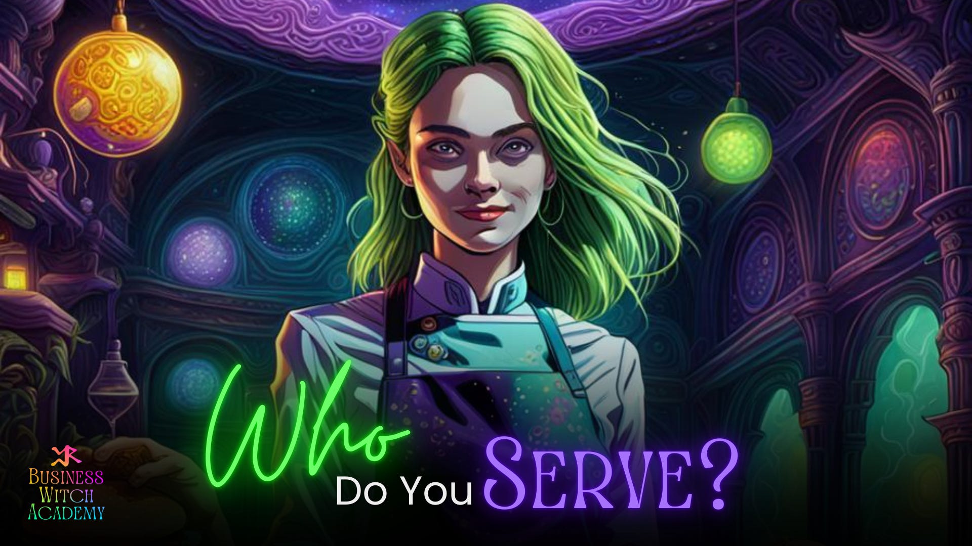 Image of waitress with green hair generated with the assistance of Night Café AI and Canva exclusively for Cheryl Evans, Business Witch Academy, “Who Do You Serve?”