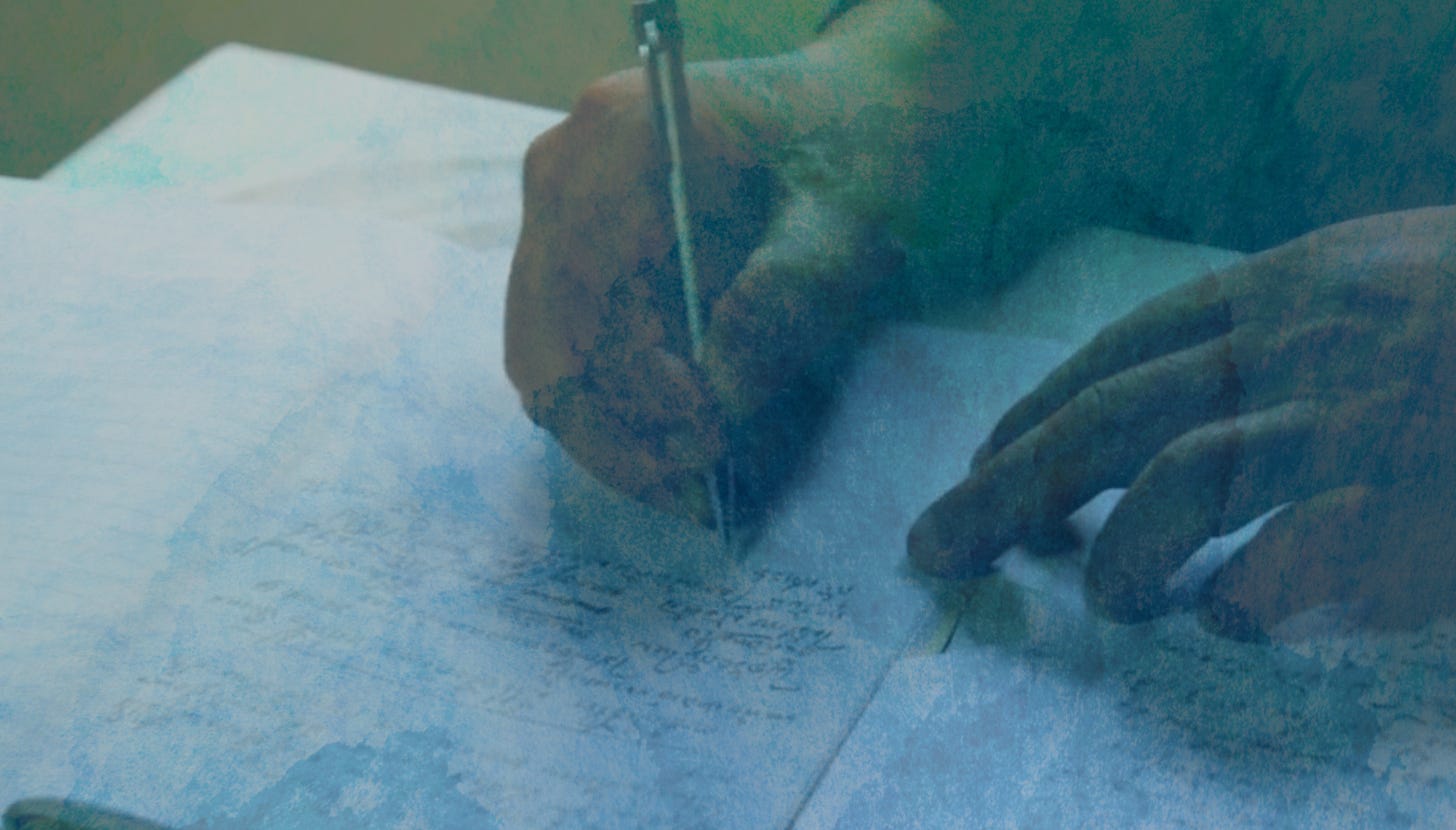 a person writing on a piece of paper, with a pen in one hand and the other hand resting nearby. The scene has a textured, overlay effect with shades of blue and green, giving it an artistic and contemplative atmosphere