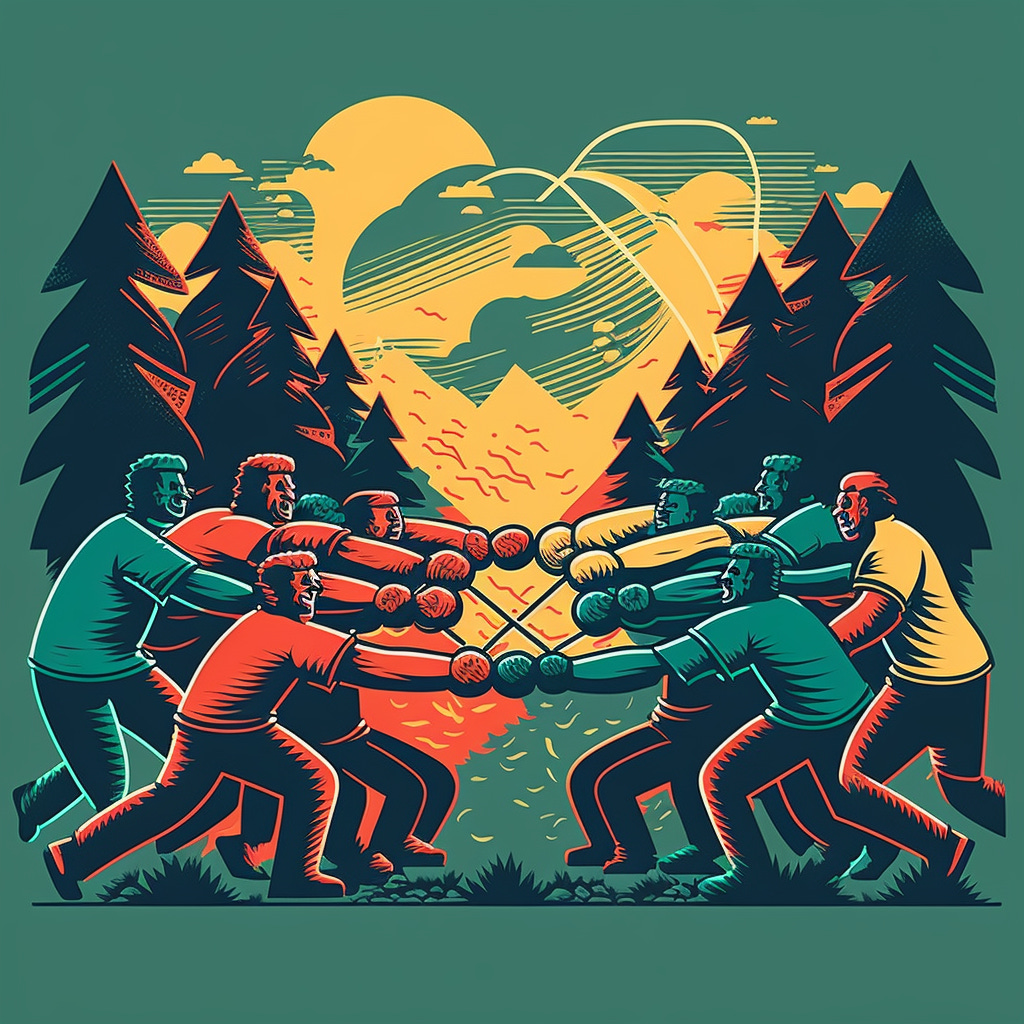 A vector illustraiton of two teams playing tug of war, created by John Wayne Hill with Midjourney.