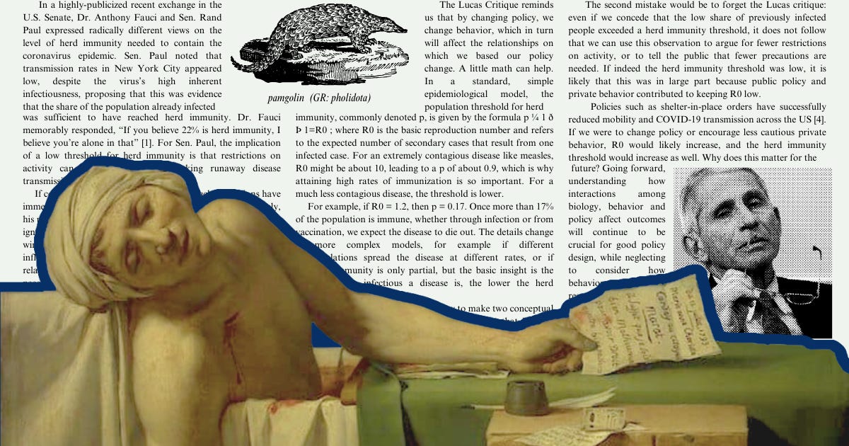 “The Death of Marat… Probably from Covid” by Jaques Louis David. In the background, a picture of a paper from The Lancet, an image of Dr. Fauci and an illustration of a pangolin.