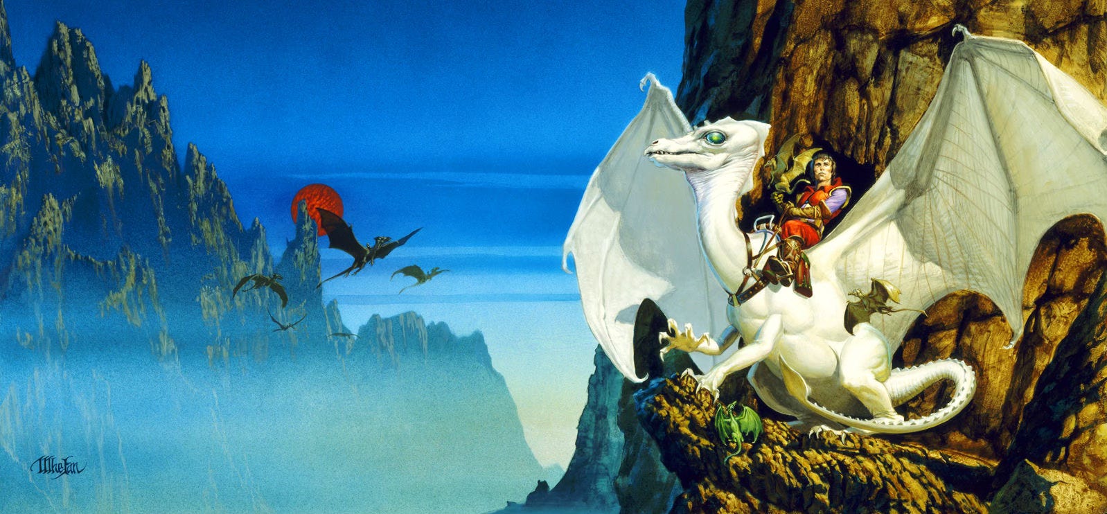 Ruth, a pearl white dragon with green eyes, poses regally with wings spread against a cliff face. Her rider Jaxom rears back, saddle-mounted just above her wings. A foreclaw grips rock as the other releases, flexing like fingers. Ruth's tail, marked with a parallel ridges of short spikes and ending in a spade-shaped tip, curls forward around her back leg. A tiny dragon grasps Jaxom's finger, perching like a bird. Across the misty valley, a group of dragons take flight, soaring past the Red Star which hangs in deep blue sky like a bloody moon just above the jagged spine of mountains.