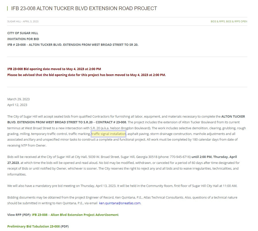 May be an image of text that says 'SUGAR 23-008 ALTON TUCKER BLVD EXTENSION ROAD PROJECT 2023 CITY SUGAR INVITATION FOR 23-008 ALTON BLVD. EXTENSION FROM WEST BROAD STREET IFB 23-008 Please opening date moved May4 2023 that opening date this project PM been moved May 2023 March 2023 April 2023 furnishing CONTRACT equipment, materials necessary Alton ucker TUCKER willbe clearing, adjustments rough พ. Broad Street, modified, have mandatory anceled meeting period 60 PM, Thursday, April Bidding should Thursday, April 2023. will obtained from submitted writingto Quintana, held View FP PDF): Community Room, via loor fSugar 23-008- Alton ken.quintana@oneatlas.com. Extension Project Preliminary Technical Consultants Also, AM. nature'