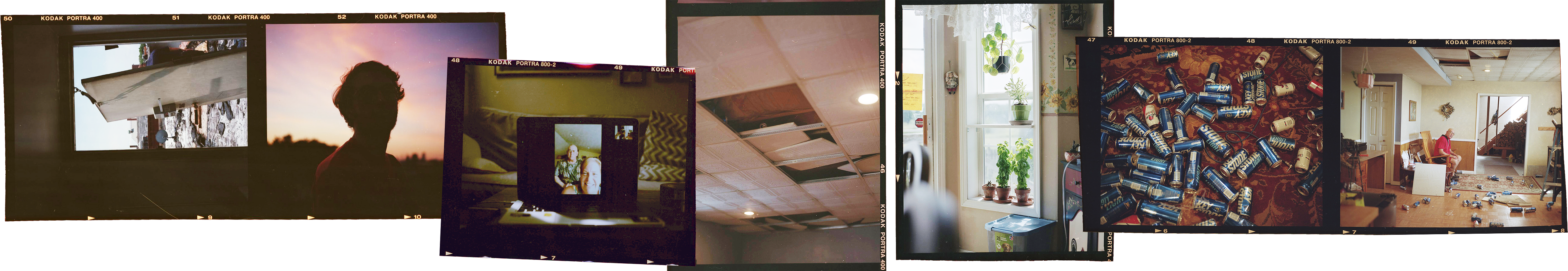 7 images in a line. Each image still has the film border around it, showing that it was pulled from a contact sheet. From left to right, the images are as follows: 1) a dark border around a doorway looking out onto a roof. There is mess on the roof and the door is detached. 2) a silhouette of Bridget’s partner against a sunset, presumably on the same roof. 3) a photograph of a computer screen showing Bridget facetiming with her mom and stepdad. Her stepdad is showing off his newly shaved head in preparation for chemotherapy. 4) a tiled ceiling with pieces pulled away, revealing hidden beer cans in corners of the ceiling. 5) a window with various potted plants in it, 2 basil plants, 1 rosemary, and a hanging pilea peperomioides. 6) a floor with beer cans scattered across the rug. They are mostly keystone light, with a few molsen and other cans mixed in. 7) a wide angle enironmental portrait of Bridget’s stepdad sitting on a bench in her mom’s basement among the beer cans scattered across the floor and tiles removed from the ceiling. He is hooked up to a portable oxygen machine & he is making eye contact.