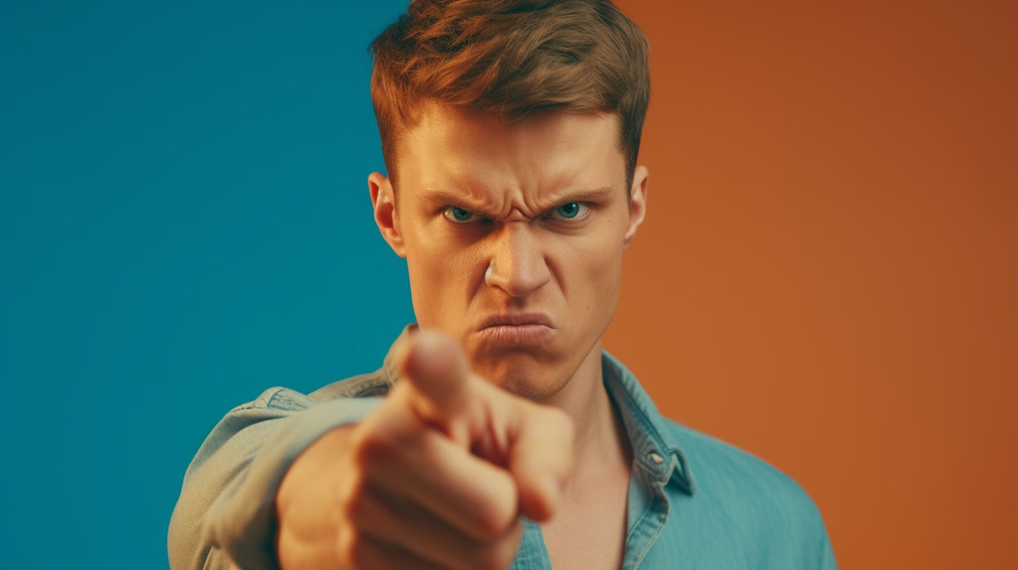 Midjourney prompt: Angry caucasian as an artificial intelligence, wearing powder blue shirt, standing up and pointing his finger at camera, close - up intensity, shades of burnt orange background