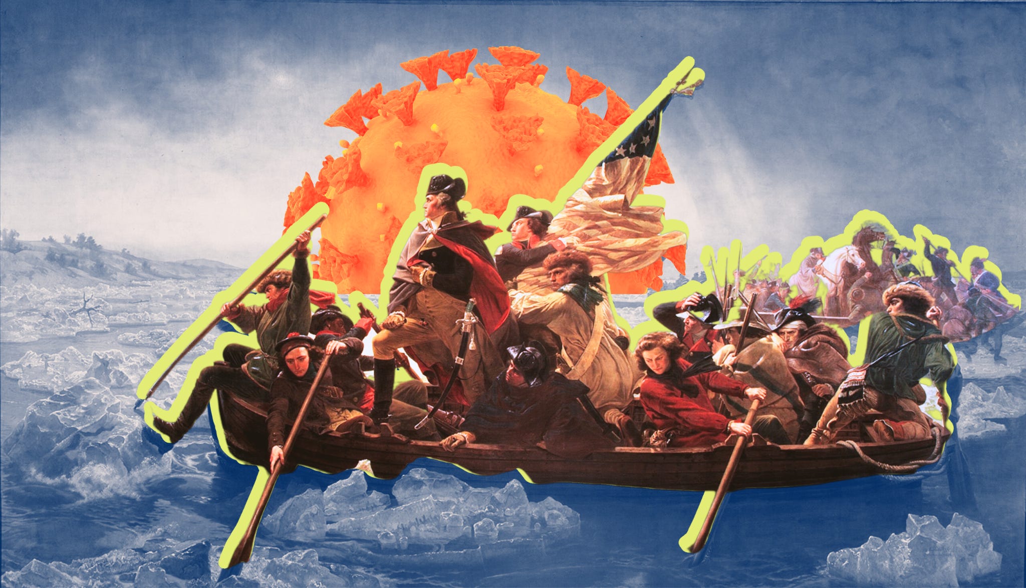 Washington crossing the delaware by Emanuel Leutze collage with a giant coronavirus in the background. What does covid-19 artwork mean. what did artists do during the pandemic?