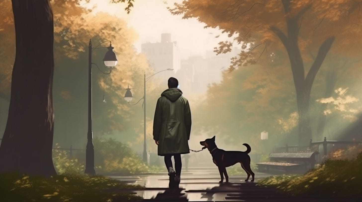 AI generated illustration of a man walking a dog in a city park, created by John Wayne Hill with Midjourney