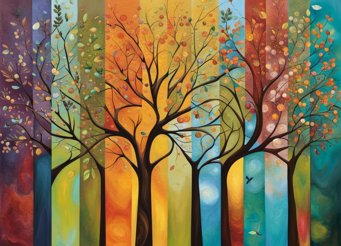 A digital painting of a tree split up into sections to represent different seasons.