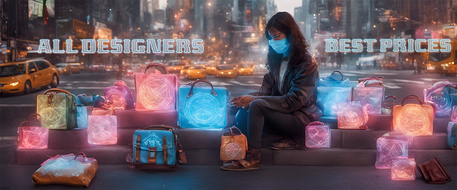 A woman sitting on the street surrounded by virtual handbags and two virtual floating signs that say 'ALL DESIGNERS' and 'BEST PRICES'