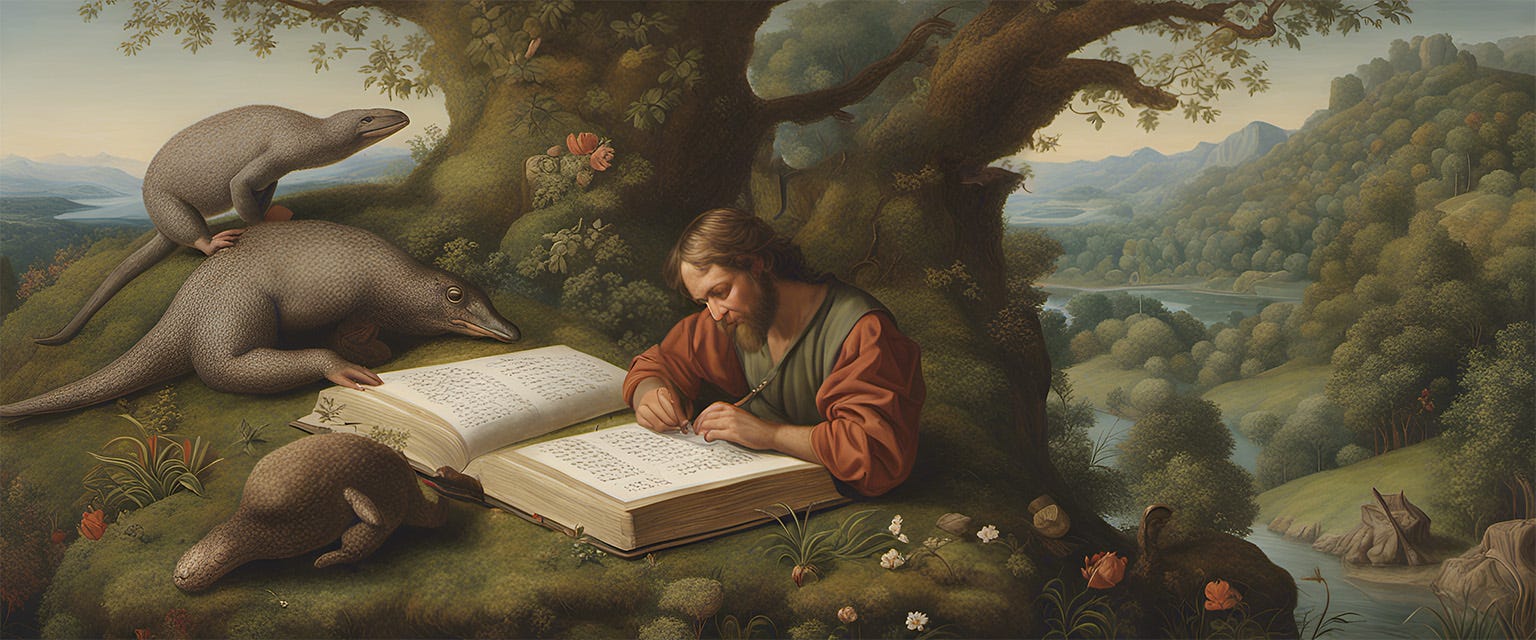A renaissance painting of Adam inscribing the names of animals in a book as some strange creatures look on.
