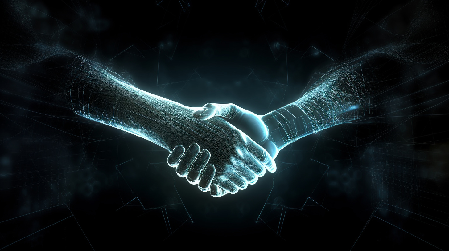 Midjourney prompt: Handshake in a cyberspace environment realistic hands and fingers