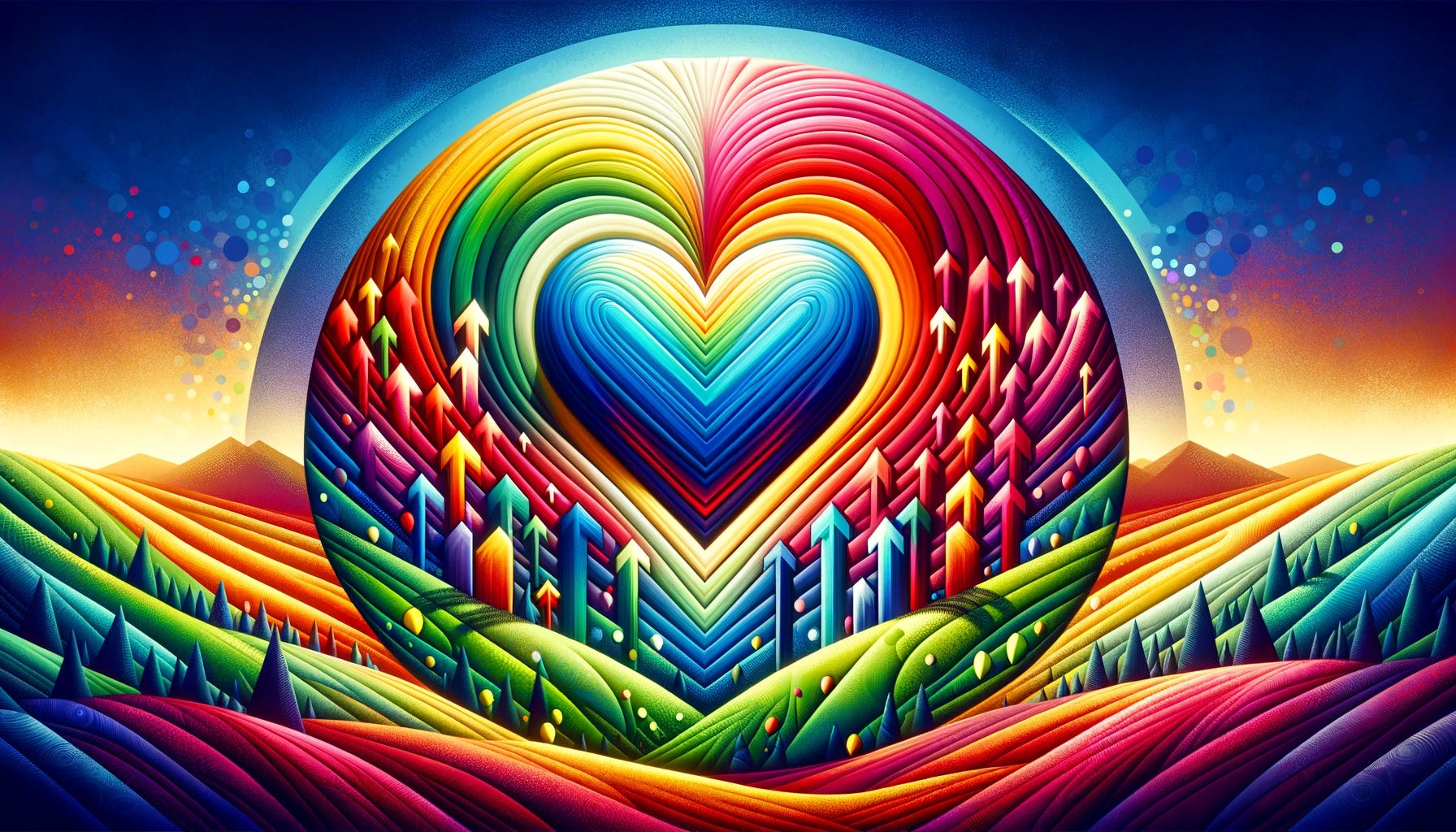A vibrant, colorful landscape-oriented image symbolizing 'an invitation to grow'. At the center is a stylized heart shape, filled with bright, eye-catching colors. Surrounding this colorful heart, within the confines of a circle, are several arrows pointing outward towards the circle's edge. These arrows are also colorful, each one potentially a different hue, representing diversity and dynamic growth. The background contrasts with the central symbols, perhaps in softer colors, to highlight the heart and arrows. The overall design is modern, lively, and visually stimulating, emphasizing the theme of growth and expansion.
